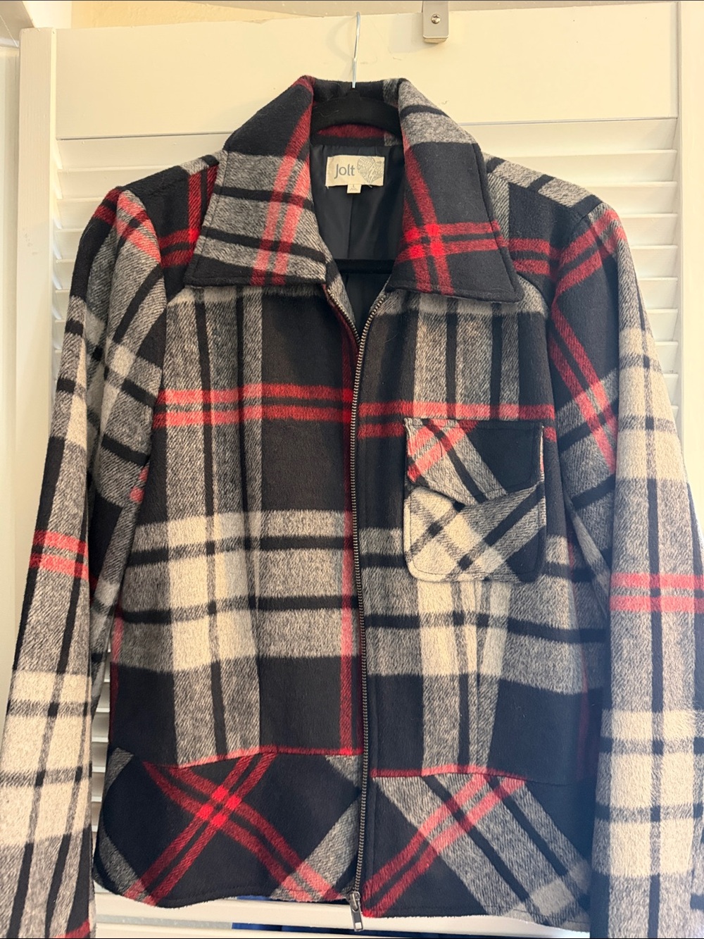 Jolt Red, Black & White Plaid Utility Zip Jacket